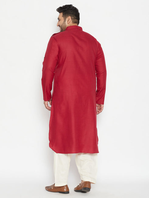 Vastramay Men's Plus Size Maroon and Cream Cotton Blend Pathani Set
