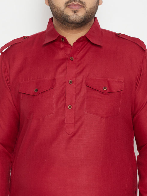 Vastramay Men's Plus Size Maroon and Cream Cotton Blend Pathani Set