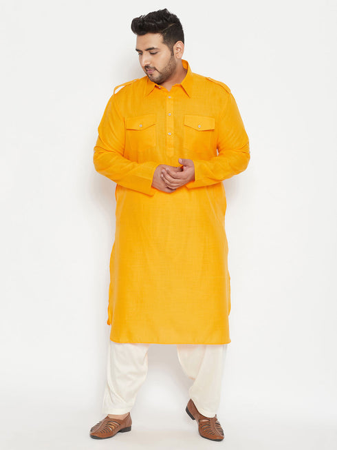 Vastramay Men's Plus Size Mustard Cotton Blend Pathani Kurta