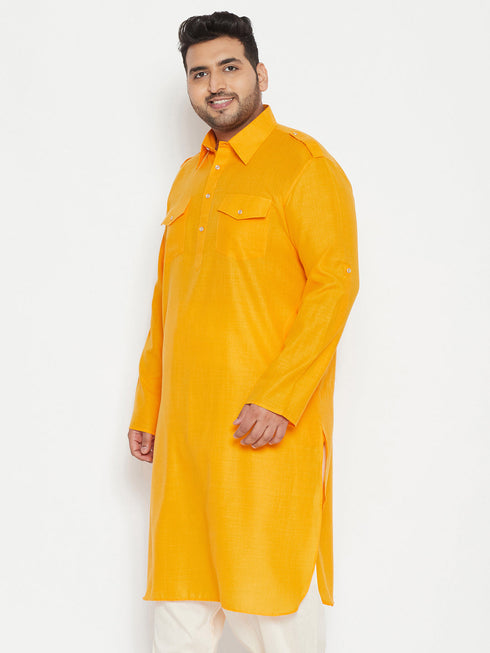 Vastramay Men's Plus Size Mustard Cotton Blend Pathani Kurta