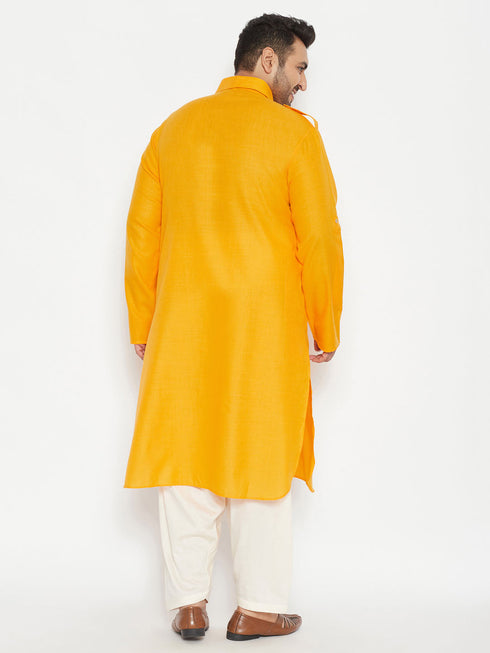 Vastramay Men's Plus Size Mustard and Cream Cotton Blend Pathani Set