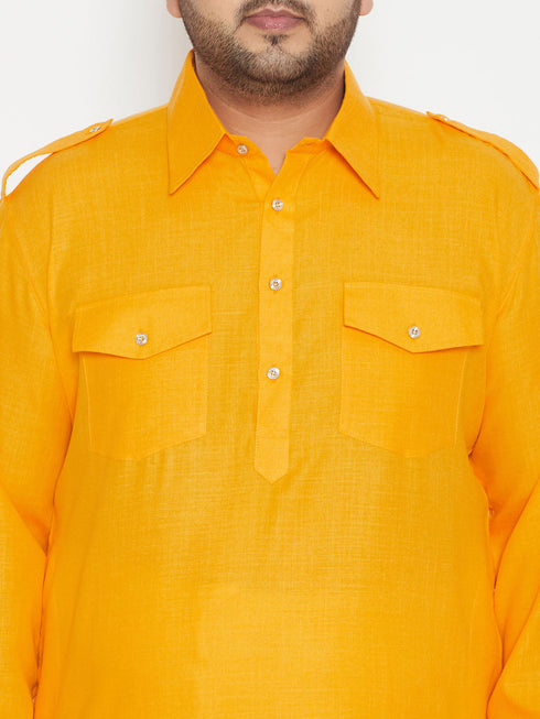 Vastramay Men's Plus Size Mustard and Cream Cotton Blend Pathani Set