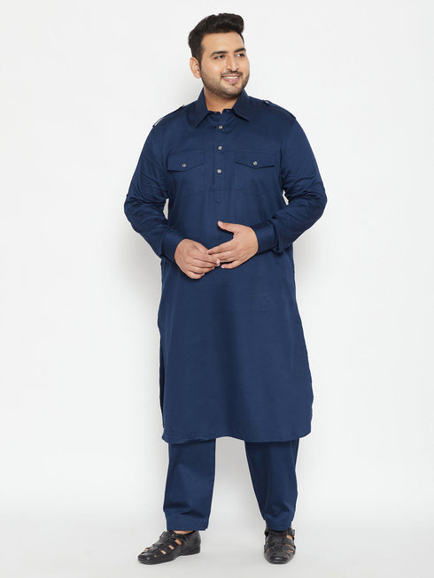 Vastramay Men's Plus Size Blue Cotton Blend Pathani Set