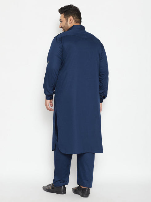 Vastramay Men's Plus Size Blue Cotton Blend Pathani Set