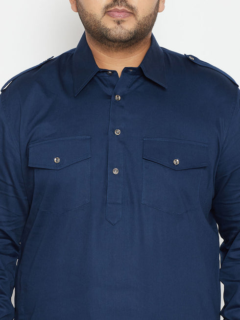 Vastramay Men's Plus Size Blue Cotton Blend Pathani Set