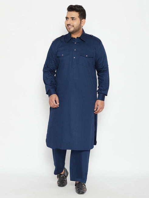 Vastramay Men's Plus Size Blue Cotton Blend Pathani Set