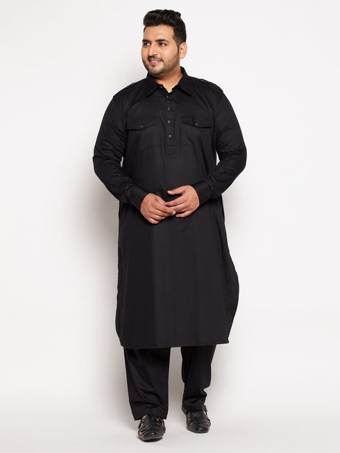 Vastramay Men's Plus Size Black Cotton Blend Pathani Kurta