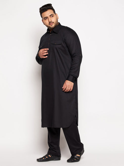 Vastramay Men's Plus Size Black Cotton Blend Pathani Kurta