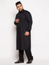 Vastramay Men's Plus Size Black Cotton Blend Pathani Kurta