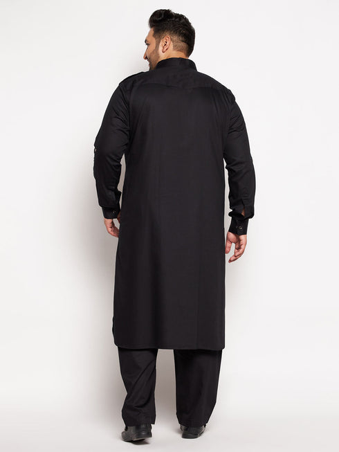 Vastramay Men's Plus Size Black Cotton Blend Pathani Kurta
