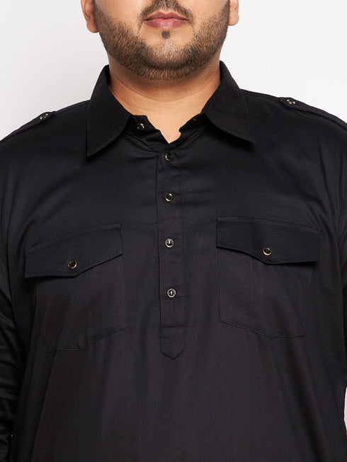 Vastramay Men's Plus Size Black Cotton Blend Pathani Kurta