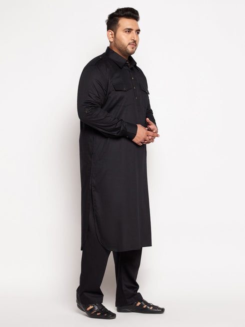 Vastramay Men's Plus Size Black Cotton Blend Pathani Kurta