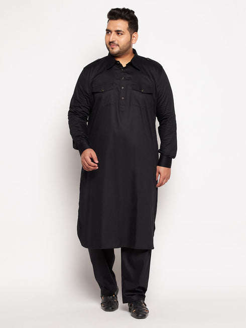 Vastramay Men's Plus Size Black Cotton Blend Pathani Kurta