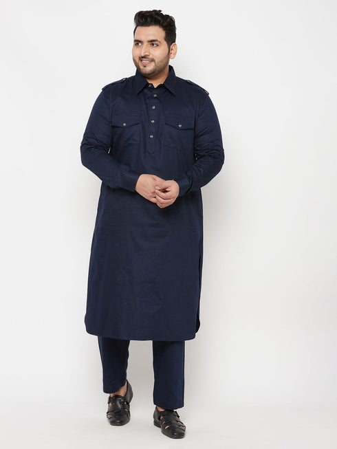 Vastramay Men's Plus Size Blue Cotton Blend Pathani Kurta