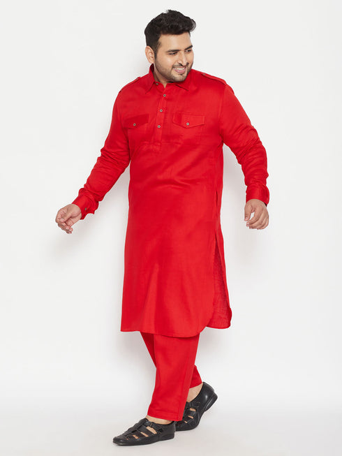 Vastramay Men's Plus Size Red Cotton Blend Pathani Set