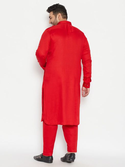 Vastramay Men's Plus Size Red Cotton Blend Pathani Set