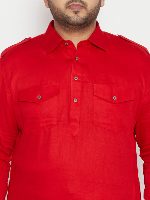 Vastramay Men's Plus Size Red Cotton Blend Pathani Set