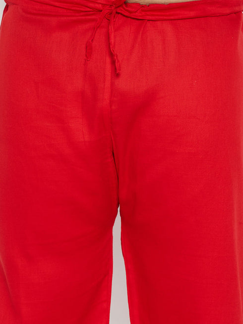 Vastramay Men's Plus Size Red Cotton Blend Pathani Set