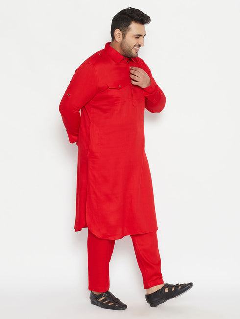 Vastramay Men's Plus Size Red Cotton Blend Pathani Set