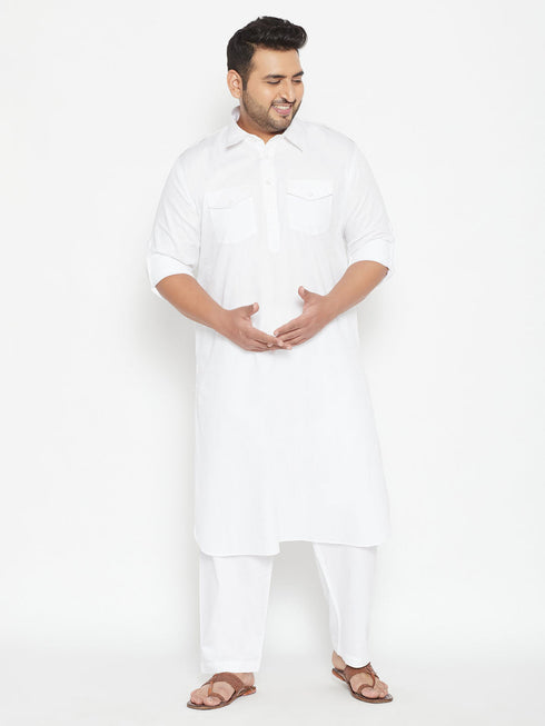 Vastramay Men's Plus Size White Cotton Blend Pathani Set
