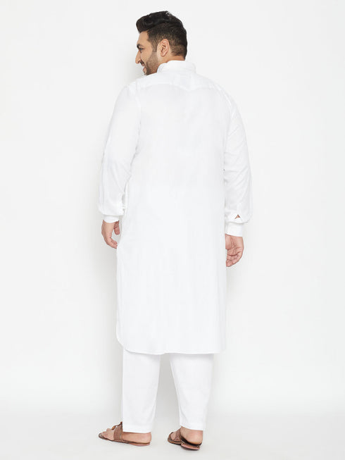 Vastramay Men's Plus Size White Cotton Blend Pathani Set