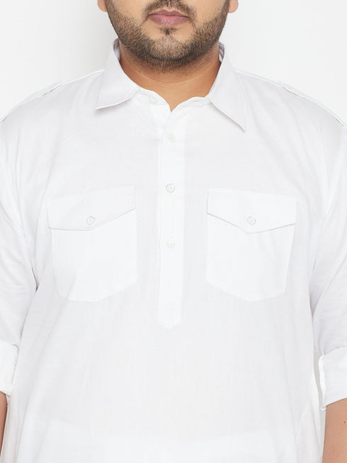 Vastramay Men's Plus Size White Cotton Blend Pathani Set
