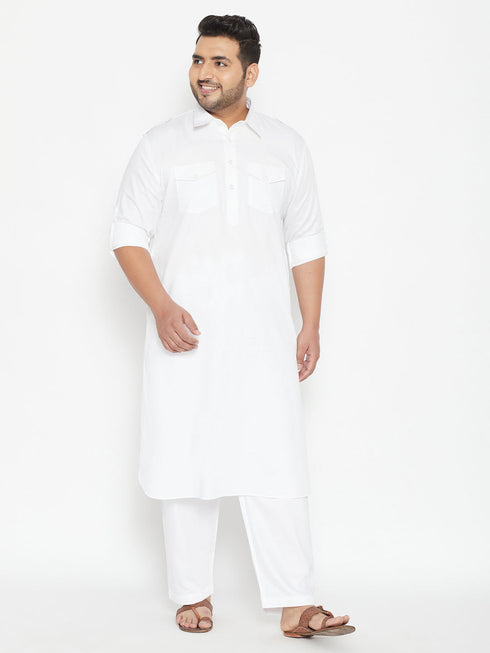 Vastramay Men's Plus Size White Cotton Blend Pathani Set