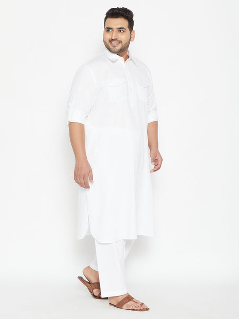 Vastramay Men's Plus Size White Cotton Blend Pathani Set
