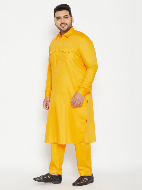Vastramay Men's Plus Size Yellow Cotton Blend Pathani Set