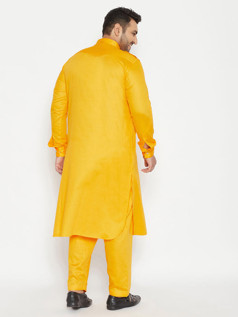 Vastramay Men's Plus Size Yellow Cotton Blend Pathani Set
