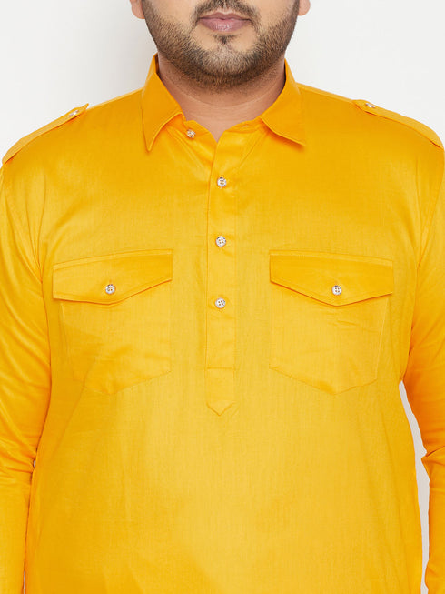 Vastramay Men's Plus Size Yellow Cotton Blend Pathani Set