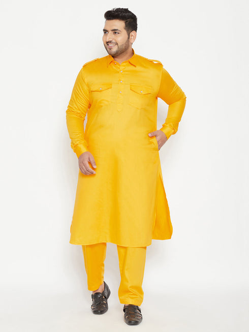 Vastramay Men's Plus Size Yellow Cotton Blend Pathani Set