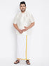 Vastramay Men's Plus Size Cream And White Silk Blend Shirt And Mundu Set