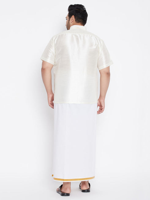 Vastramay Men's Plus Size Cream And White Silk Blend Shirt And Mundu Set