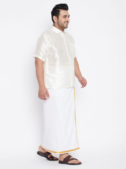 Vastramay Men's Plus Size Cream And White Silk Blend Shirt And Mundu Set