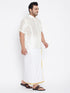 Vastramay Men's Plus Size Cream And White Silk Blend Shirt And Mundu Set