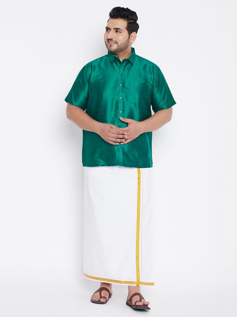 Vastramay Men's Plus Size Green And White Silk Blend Shirt And Mundu Set
