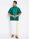 Vastramay Men's Plus Size Green And White Silk Blend Shirt And Mundu Set