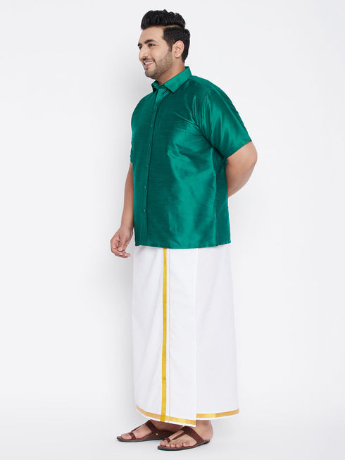 Vastramay Men's Plus Size Green And White Silk Blend Shirt And Mundu Set