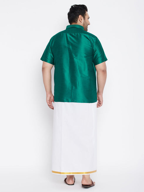 Vastramay Men's Plus Size Green And White Silk Blend Shirt And Mundu Set