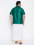 Vastramay Men's Plus Size Green And White Silk Blend Shirt And Mundu Set