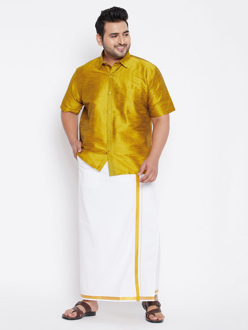Vastramay Men's Plus Size Mustard And White Silk Blend Shirt And Mundu Set