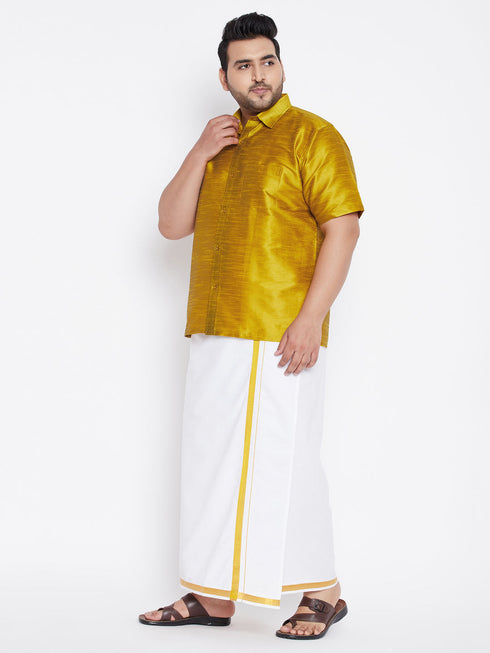 Vastramay Men's Plus Size Mustard And White Silk Blend Shirt And Mundu Set