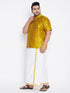 Vastramay Men's Plus Size Mustard And White Silk Blend Shirt And Mundu Set
