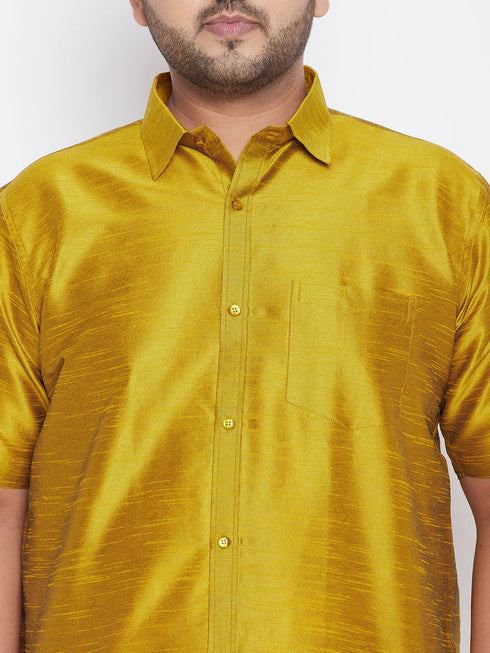 Vastramay Men's Plus Size Mustard And White Silk Blend Shirt And Mundu Set