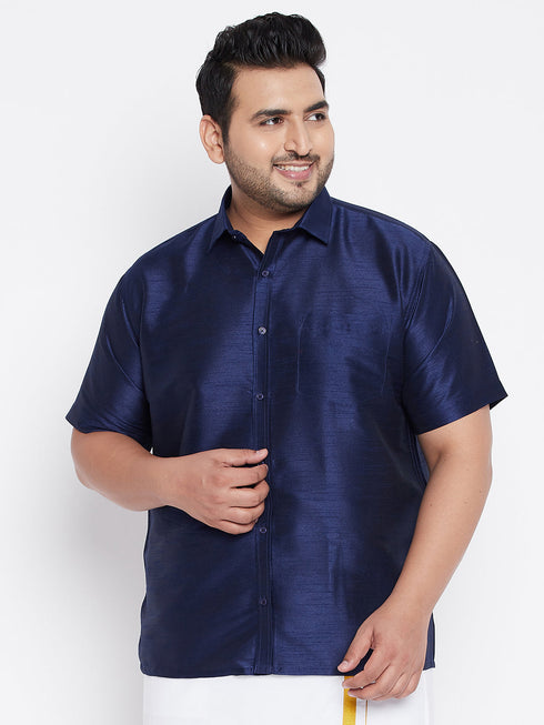 Vastramay Men's Plus Size Navy Blue Silk Blend Ethnic Shirt
