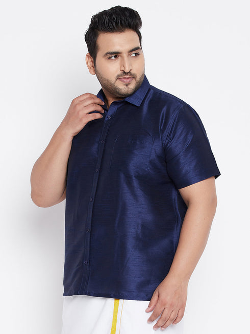 Vastramay Men's Plus Size Navy Blue Silk Blend Ethnic Shirt