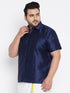 Vastramay Men's Plus Size Navy Blue Silk Blend Ethnic Shirt