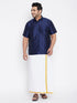Vastramay Men's Plus Size Navy Blue Silk Blend Ethnic Shirt