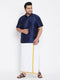 Vastramay Men's Plus Size Navy Blue And White Silk Blend Shirt And Mundu Set